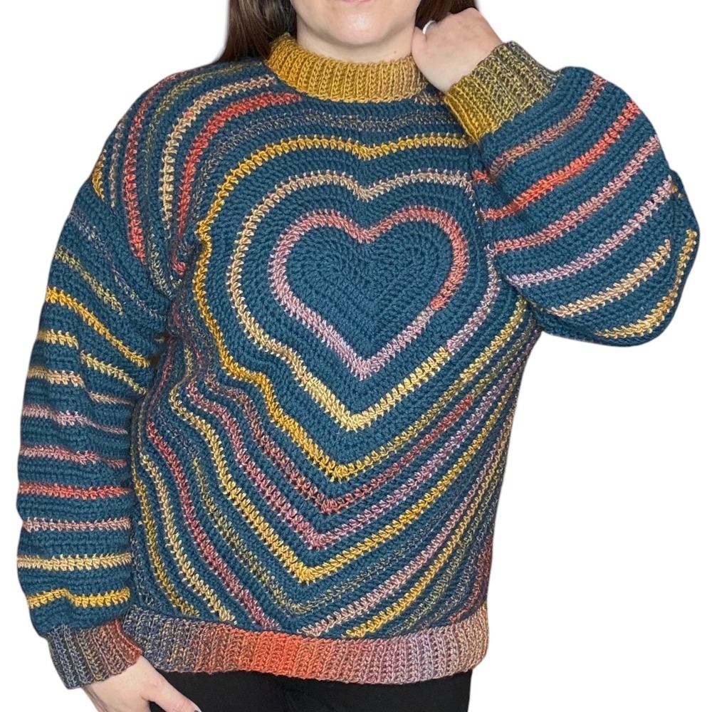 Handmade Multicolor Crochet Sweater Women Large Reversible Heart Pullover